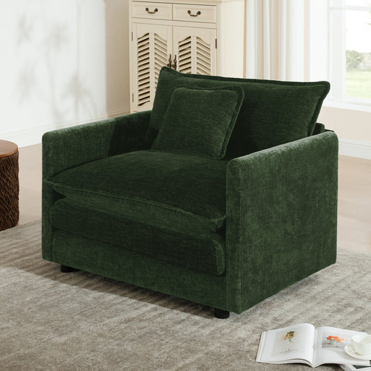 Comfy Deep Single Seat Sofa Upholstered Reading Armchair Living Room Chair Green Chenille Fabric, 1 Toss Pillow