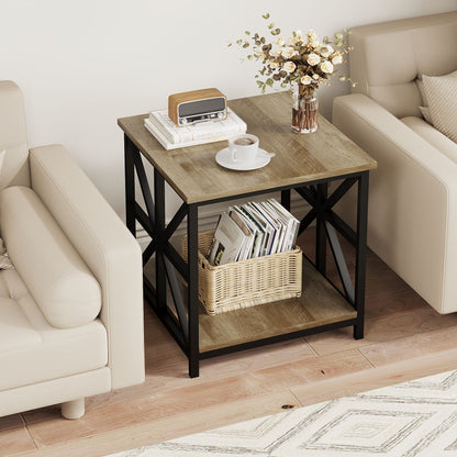 24" End Table with Storage, 2-Tier Side Table with Open Shelves for Living Room, Bedroom Nightstand, Farmhouse Accent Table, Grey Wash