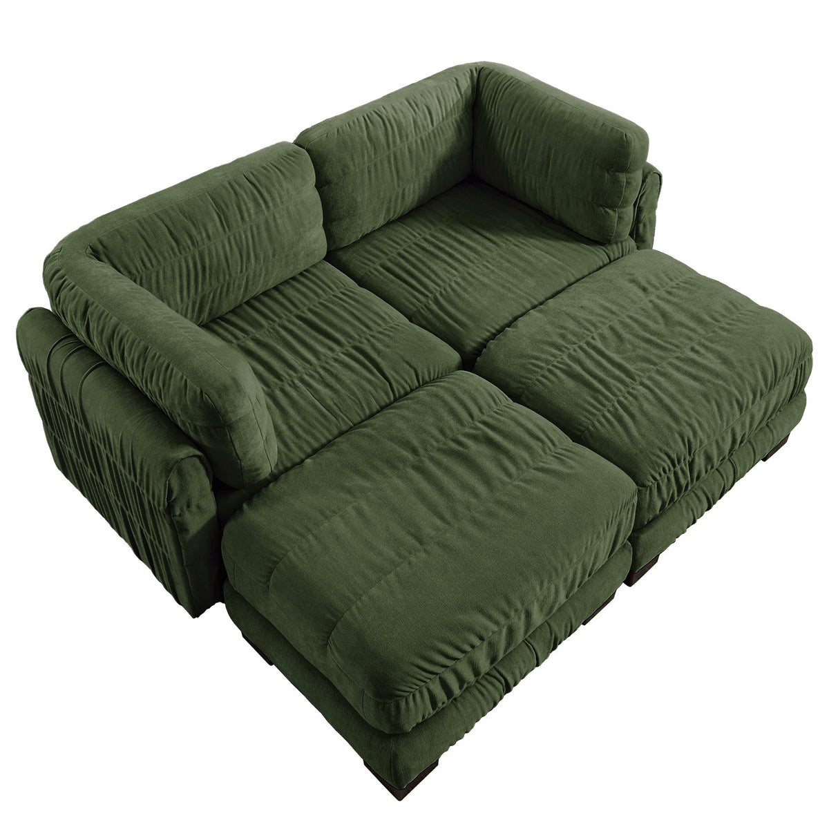 2 Seat Ruched Detailing Chenille Modular Sectional Sofa,Movable 2 Ottomans,High-Density Foam,L Shape Thickened  Back Cushions,Easy Assembly,For Living Room,Bedroom,Green