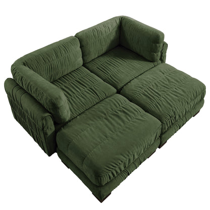 2 Seat Ruched Detailing Chenille Modular Sectional Sofa,Movable 2 Ottomans,High-Density Foam,L Shape Thickened  Back Cushions,Easy Assembly,For Living Room,Bedroom,Green