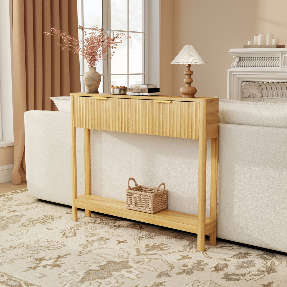 Mid-Century Modern Fluted Console Table with 2 Drawers & Open Shelf, Oak Finish Narrow Entryway Table, Slim Sofa Table for Hallway, Living Room, Small Spaces, Easy Assembly