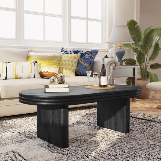 Mid Century Modern Oval Fluted Coffee Table, Farmhouse Wood Coffee Table, Cocktail Table, Center Table, Home Decor(Black
