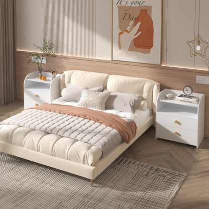 White Nightstand with 2 Drawers and Open Shelf, MDF Bedside Table with Curved Side Panels, Modern End Table for Bedroom, Kids Room, Nursery, Living Room, Storage Cabinet for Adults and Children
