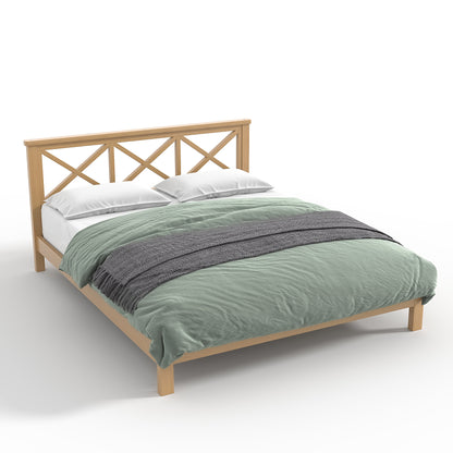 Queen Platform Bed with ''X'' Design Headboard, Bamboo-made Bed Frame Queen Size with Suppport Slats, Mid-century Style, Natural