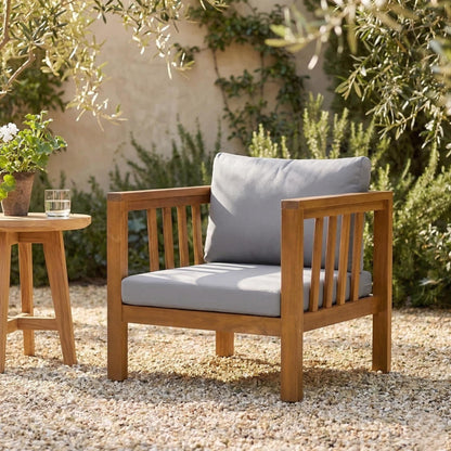 Outdoor Acacia Wood Club Chair with Modern Square Arms, Patio Chair with Thick Cushion, Adjustable Leveling Feet for Poolside, Backyard & Deck, Grey Cushion