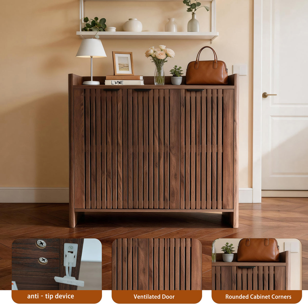 Walnut Entryway Shoe Storage Cabinet with Slatted Doors, Modern Wooden Hallway Console Table with Top Display Shelf, Mid-Century Accent Chest for Foyer, Living Room, and Mudroom Organization