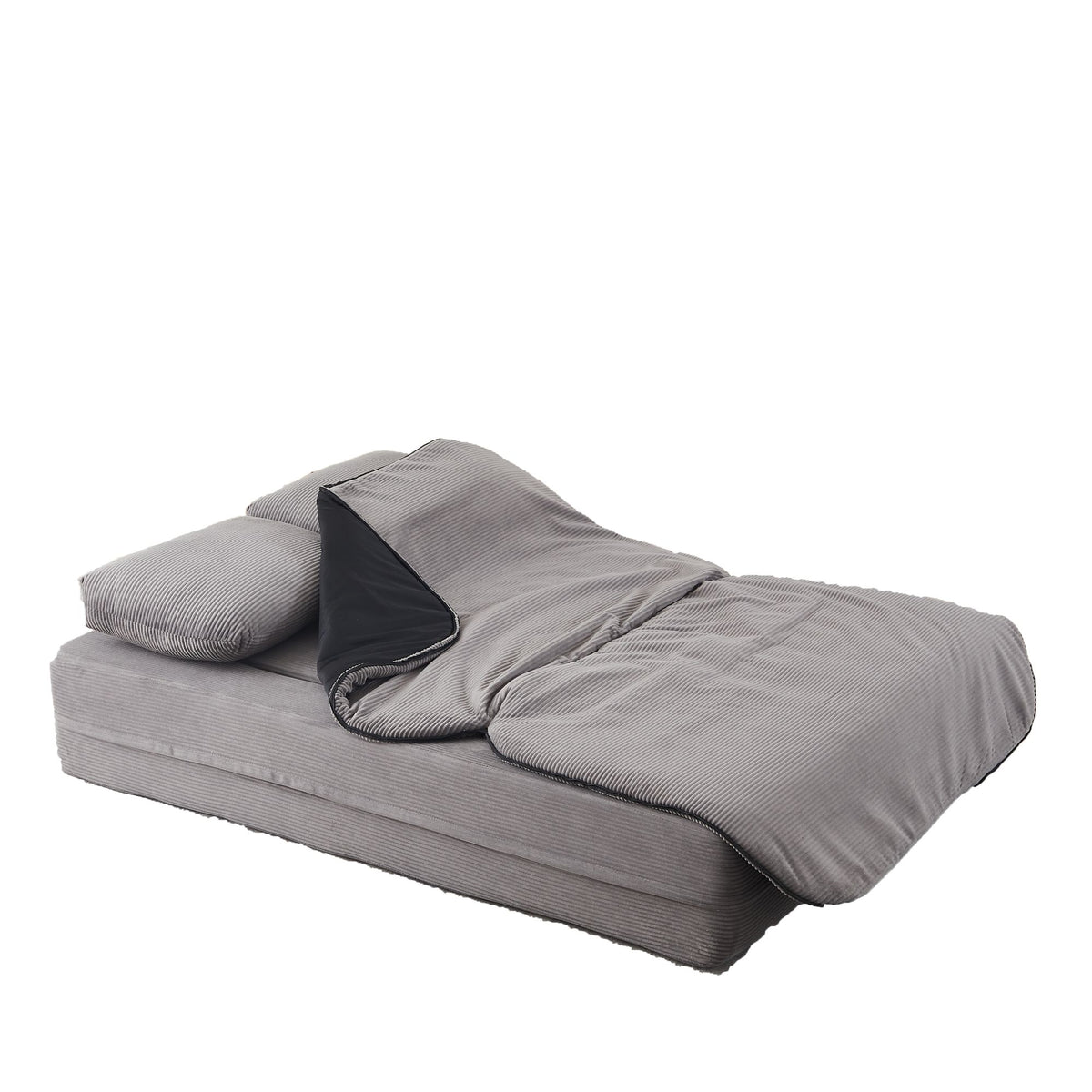 75'' 2-in-1 Foldable Sofa Bed with Multi-Functional Blanket in Grey Corduroy, Convertible Floor Lounge for Living Room Bedroom Studio