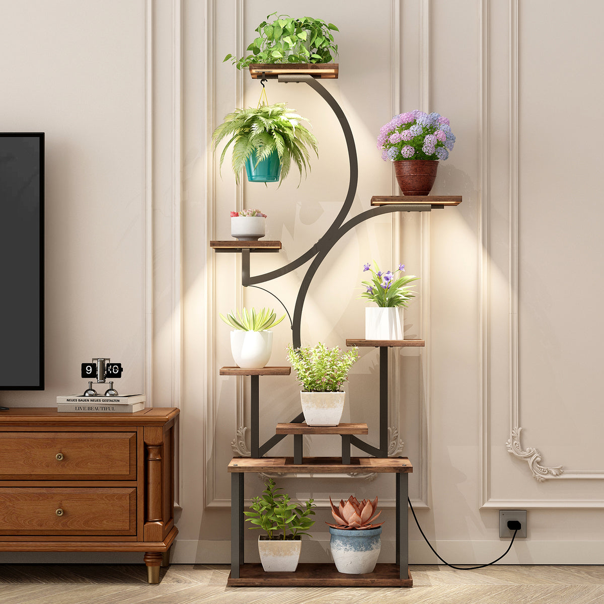 Plant Stand Indoor with Grow Lights - 62" Tall Plant Shelf, Lighted Corner Plant Stands for Indoor Growing, 8 Tiered Large Flower Holder - Walnut Color