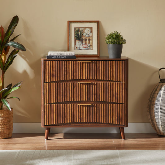 Fluted 3 Drawer Dresser, Mid-Century Modern Tall Chest of Drawers with Vertical Grooved Design, Solid Wood Storage Cabinet with Metal Handles for Bedroom Living Room, Walnut (31.5'W x 15'D x 30'H)