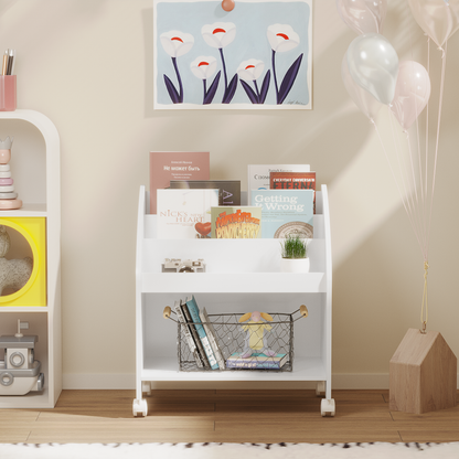 Kids Bookshelf with Wheels, 3-Tier Front Display Bookcase, MDF Rolling Book Organizer with 360° Lockable Casters, Children Storage Shelf for Nursery Bedroom Playroom