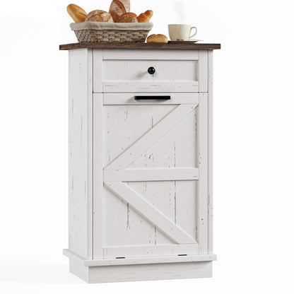Tilt Out Trash Can Cabinet, 10-Gallon Farmhouse Hidden Garbage Cabinet with Drawer, Dog Proof Wooden Trash Storage Cabinet for Kitchen, Laundry, Living Room, Office