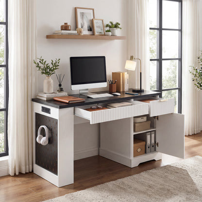 55" Modern Fluted Office Desk with Storage Cabinet & Drawers, Computer Writing Desk with Power Outlet, Pegboard