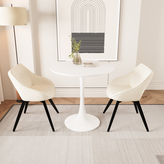 31.5 ' white MDF round dining table, tulip dining table, and 2 artificial leather decorative chairs with black metal legs, 2-4 person kitchen dining table and chair set