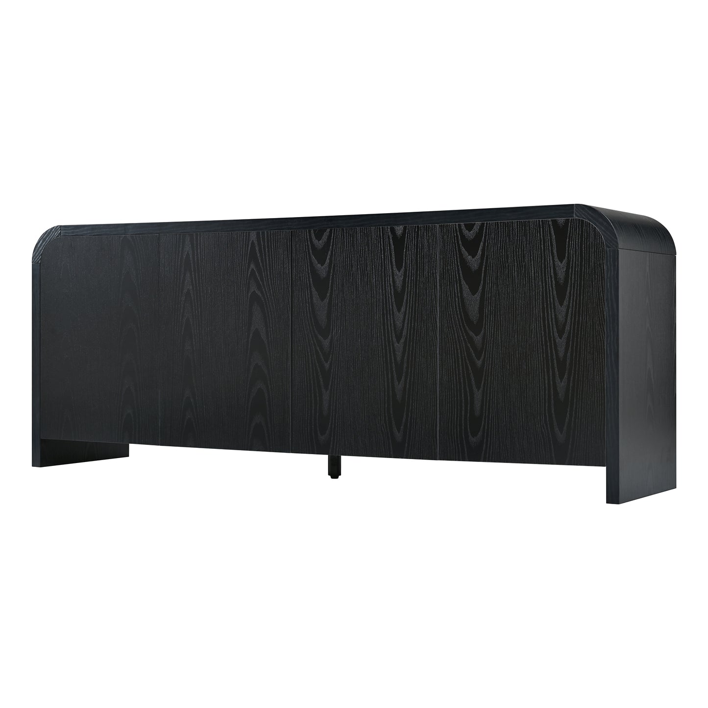 Farmhouse Curved Edge TV Stand with Large Cabinets for TVs up to 70', Minimalist Wood Grain Media Console with Cable Management, Mid Century TV Cabinet with Adjustable Shelves for Living Room, Black