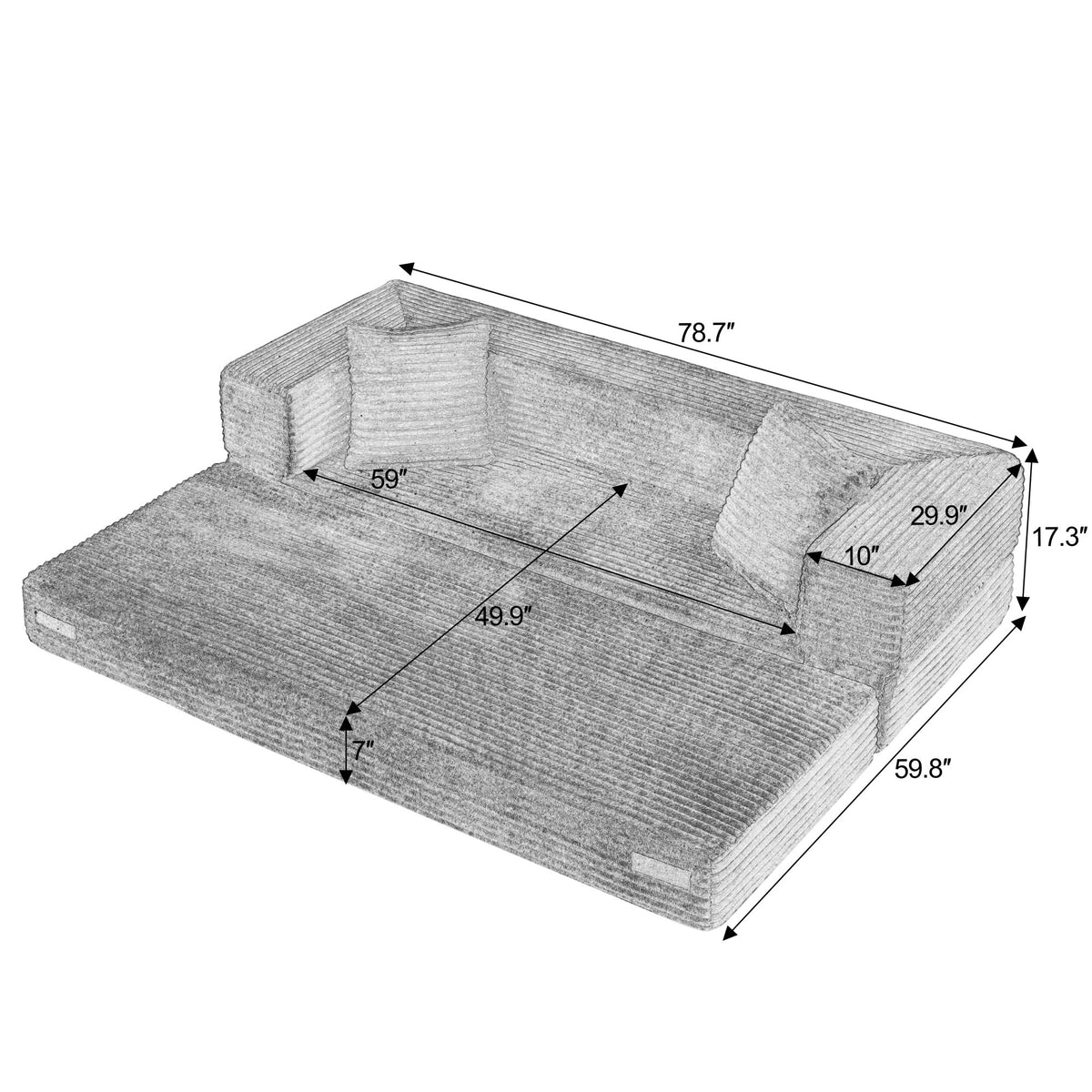 Modern cord sofa with stylish appearance, classic square design, unique two-tier design, convertible into a bed