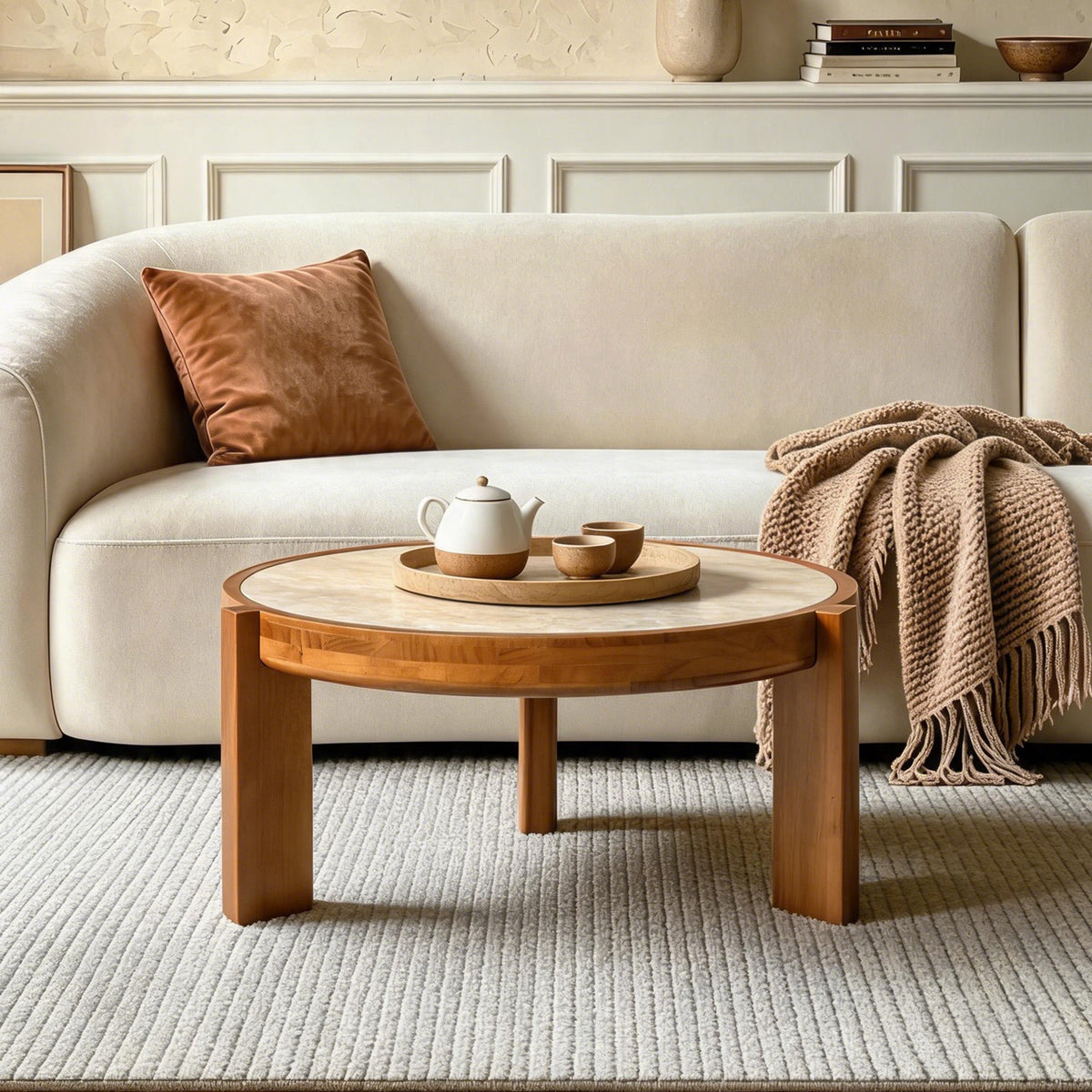 31.5' Round Coffee Table, Solid Wood Frame Coffee Table with Sintered Stone Tabletop, MidCentury Modern Circular Center Table for Living Room