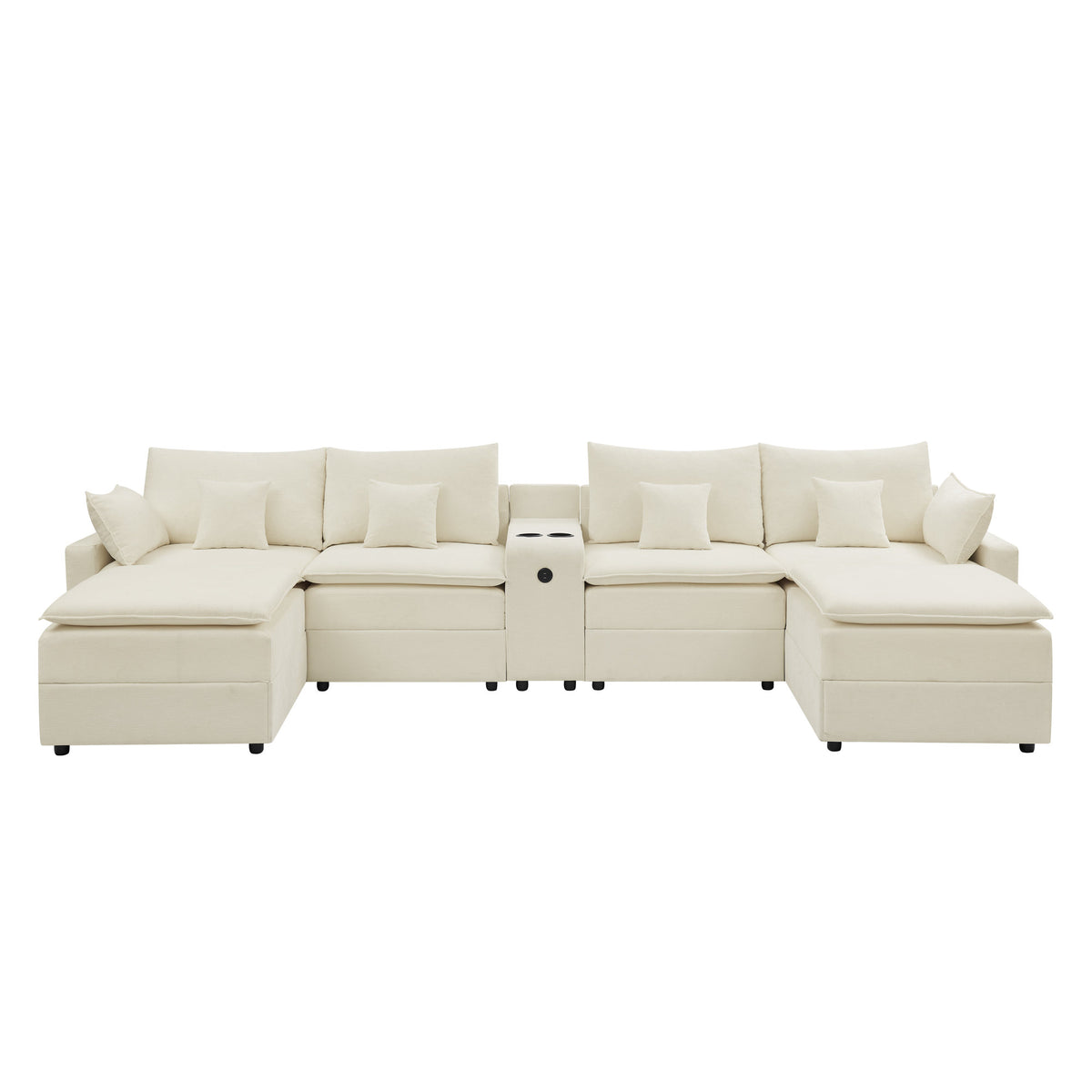 143.8'' U-shaped Modular Sectional Sofa with Center Console, Cup Holder, USB Charger,Movable Ottoman,Modern Comfy 4-6 Seater Chenille Cloud Couch for Spacious Living Room, Beige