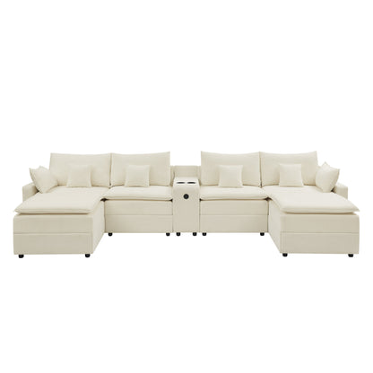 143.8'' U-shaped Modular Sectional Sofa with Center Console, Cup Holder, USB Charger,Movable Ottoman,Modern Comfy 4-6 Seater Chenille Cloud Couch for Spacious Living Room, Beige