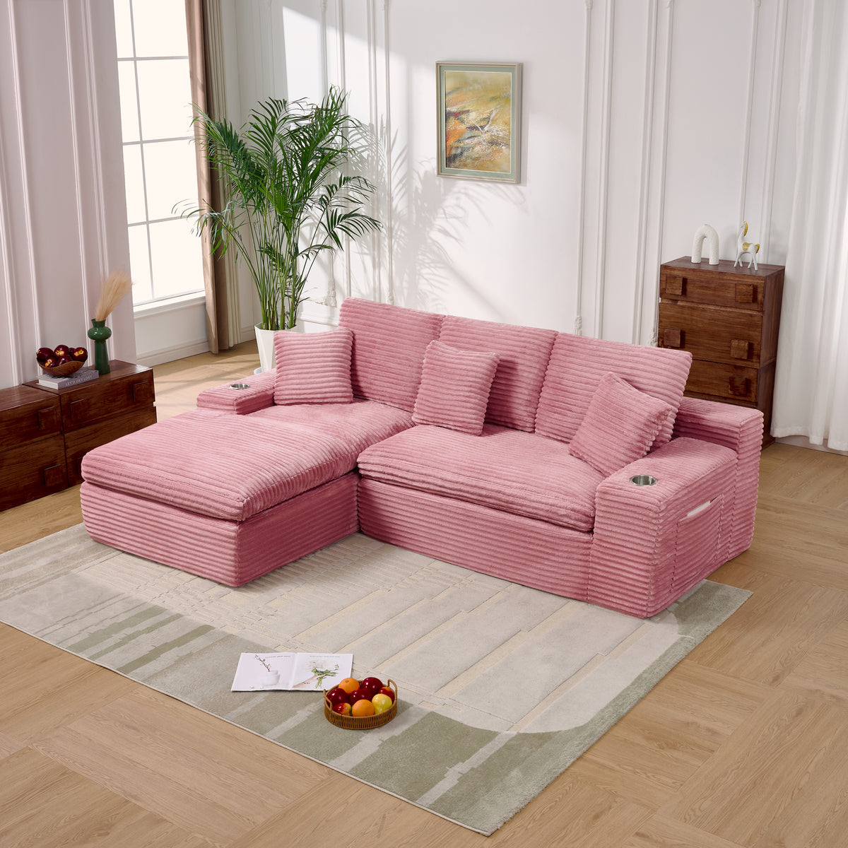 98 Inch Vacuum Compressed L-Shaped Modular Sectional Sofa, Striped Corduroy Couch with Cup Holders & Side Pocket, Oversized Deep Seat Sofa with Throw Pillows for Living Room Apartment-pink