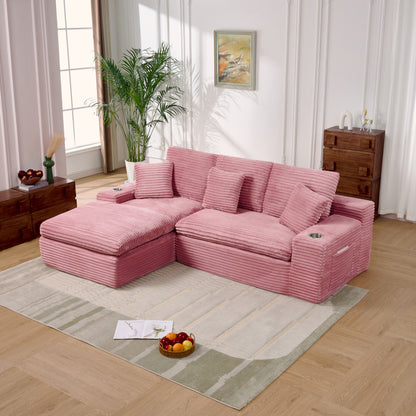 98 Inch Vacuum Compressed L-Shaped Modular Sectional Sofa, Striped Corduroy Couch with Cup Holders & Side Pocket, Oversized Deep Seat Sofa with Throw Pillows for Living Room Apartment-pink