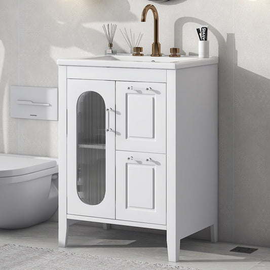 24' Bathroom Vanity with Sink, Bathroom Vanity Cabinet with Two Drawers and Door, Adjustable Shelf, Solid Wood and MDF, White (Old Sku:N725P245273K)