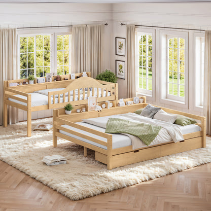 Twin XL Over Queen Bunk Bed with Storage Drawers, Chic Curved Guardrail & Side Storage Shelves, solid wood Bunk Bed Frame with Ladder, No Box Spring Needed. Natural