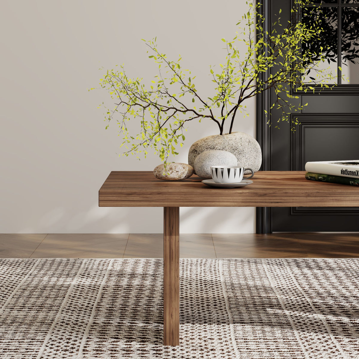 39.37" Solid Wood Coffee Table, 100% Real Wood Rectangular Center Table, 39.37" × 23.62" × 15.75", Modern Wooden Cocktail Table for Living Room, Apartment and Office