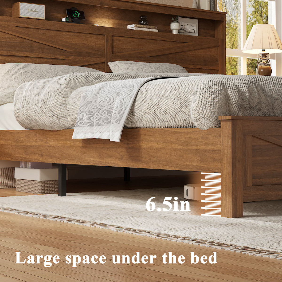 Queen size bed frame headboard with LED lights and charging station cushion platform bed frame, large bed, with headboard and hidden storage space, no box spring required, Antique,Brown