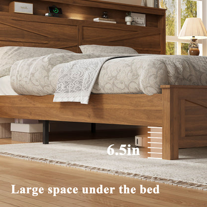 Queen size bed frame headboard with LED lights and charging station cushion platform bed frame, large bed, with headboard and hidden storage space, no box spring required, Antique,Brown