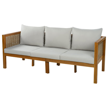3-Seater Patio Set Outdoor Sofa & Coffee Table Set 2 Piece Outdoor Conversation Patio Furniture Set with Cushions and a Coffee Table for Garden, Backyard, Balcony, Poolside,Grey Cushion +Natural Wood