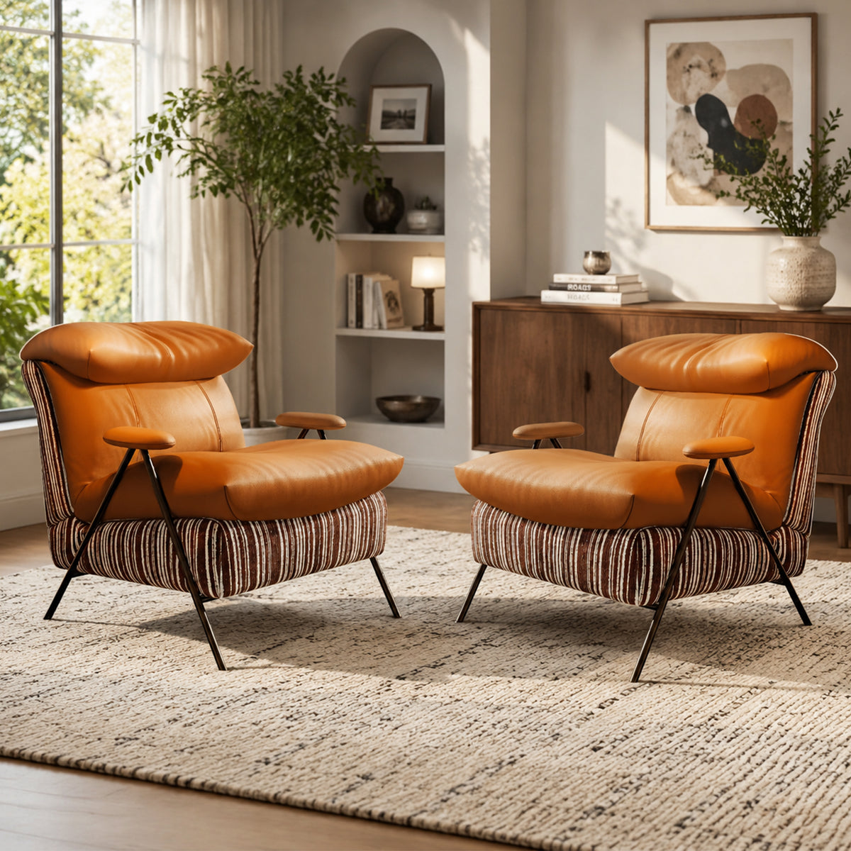 Minimalist casual single chair with solid wood frame, upholstered in leather and chenille fabric. It provides perfectly balanced soft-firm seating comfort and fits balconies, living rooms and bedrooms