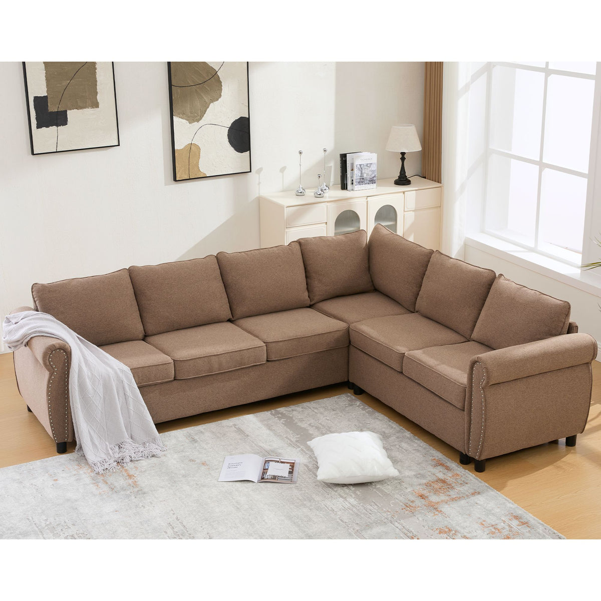 [NEW ARRIVED] [VIDEO PROVIDED] Sleeper Sofa, 2 in 1 Pull Out Couch Bed,6 seater sofa bed, L Shaped Sleeper Sectional Sofa Couch,Riveted sofa,104'' Large combined sofa Bed in living room, Brown