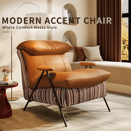 Minimalist casual single chair with solid wood frame, upholstered in leather and chenille fabric. It provides perfectly balanced soft-firm seating comfort and fits balconies, living rooms and bedrooms
