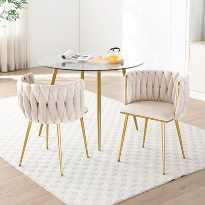 Modern Velvet Dining Chairs Set of 2, Upholstered Woven Dining Chair with Golden Metal Legs, Upholstered Dining Chairs for Dining Room, Kitchen, Vanity, Living Room