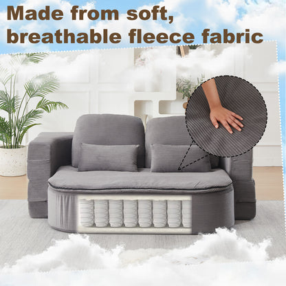 75'' 2-in-1 Foldable Sofa Bed with Multi-Functional Blanket in Grey Corduroy, Convertible Floor Lounge for Living Room Bedroom Studio
