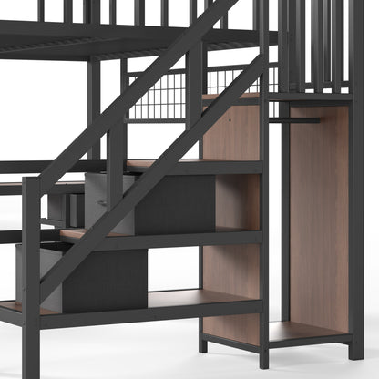 Full Size Loft bed with desk, Heavy Duty save space Loft Bed with Drawers & Storage Stair, All-in-One Metal Frame Multi-Functional Loft Bed for Teens Adults, Black