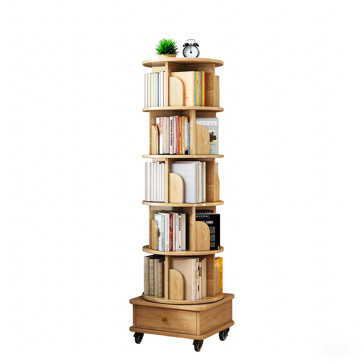 6 Tier Rotating Bookshelf, 360° Display Round Spinning Bookshelf with Wheels and Drawer, Space-Saving, Small Space Rotating Bookshelf Tower – Natural