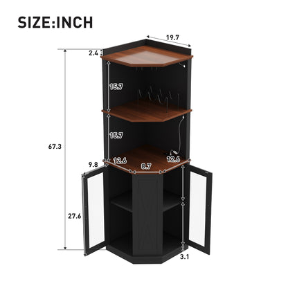 67.3" Corner Bar Cabinet with Power Outlet, Farmhouse Wine Bar Cabinet with Adjustable Shelves for Home,with Lights & Glass Rack for Dining Room, Living Room, Kitchen
