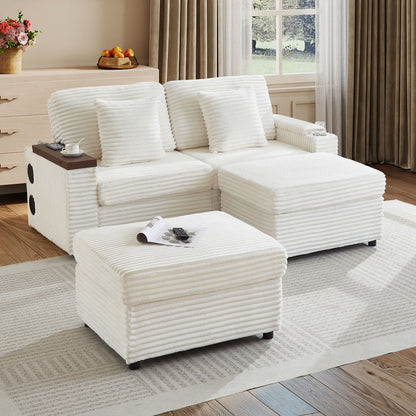 Double Chaise Lounge with Two Storage Ottomans,Corduroy Sofa with Cup Holders, USB Port,Storage Space and Bluetooth Speaker for Living room and Bedroom
