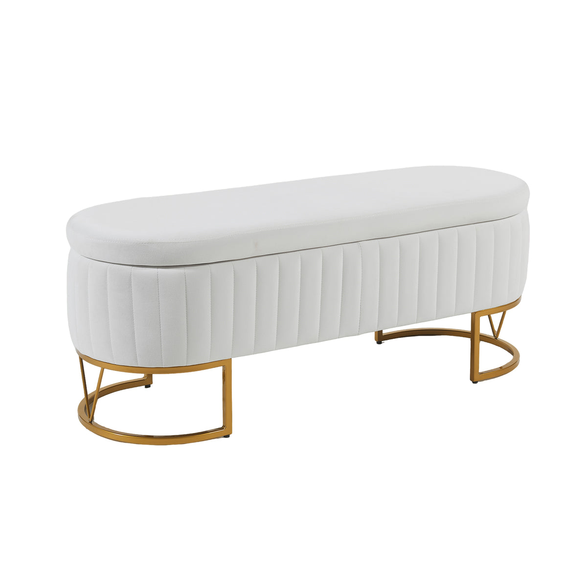 Storage Bench Bedroom Bench, Velvet Oval Upholstered End of Bed Bench with Golden Metal Legs, Modern Storage Ottoman Bench for Bedroom, Living Room, Entryway,Window,Ivory