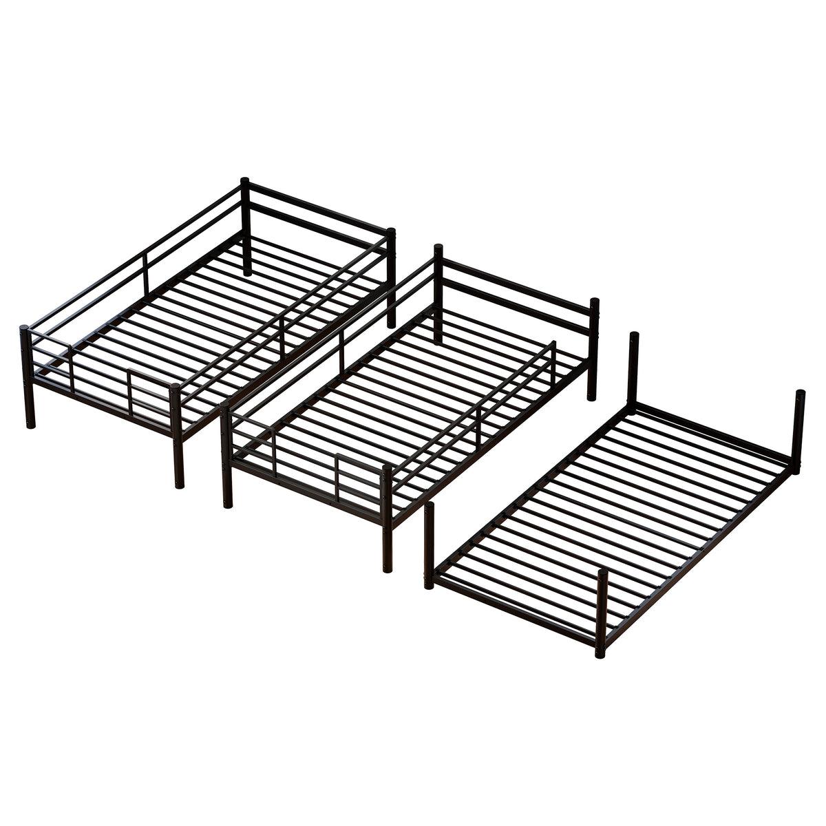 Metal Triple Bunk Bed Twin over Twin over Twin, Heavy Duty 3-in-1 Convertible Metal Bunk Bed Frame with Ladders, Guardrails & Anti-Tip Kit, Space-Saving Bed for Kids, Teens, Adults, No Box Spring Need
