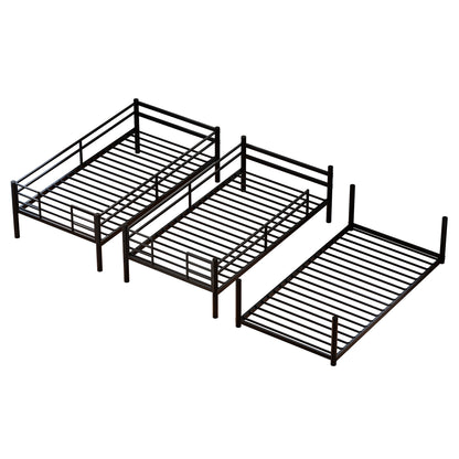 Metal Triple Bunk Bed Twin over Twin over Twin, Heavy Duty 3-in-1 Convertible Metal Bunk Bed Frame with Ladders, Guardrails & Anti-Tip Kit, Space-Saving Bed for Kids, Teens, Adults, No Box Spring Need