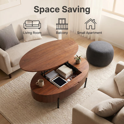 43.3-inch height-adjustable coffee table with solid wood veneer; modern-style coffee table with storage and adjustable height, suitable for living rooms, bedrooms, flats or offices; walnut colour