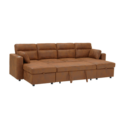 Convertible U-Shaped Sectional Sofa Bed with Double Storage Chaises, Pull-Out Sleeper, Cup Holders, and Lumbar Pillows