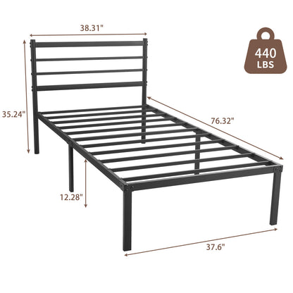 Twin Metal  Bed Frame with Headboard, 440 LBS Heavy Duty Steel Slat Support, No Box Spring Needed, 12.28" Under Bed Storage, Noise-Free & Easy Assembly, Black