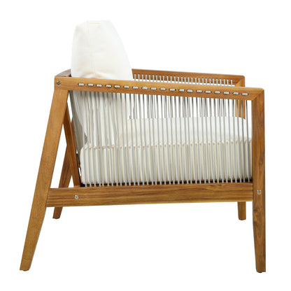 Outdoor Club Chair (Set of 1), Acacia Wood Frame with Rope Back, Water-Repellent Beige Cushions for Patio/Backyard/Deck, Teak Finish