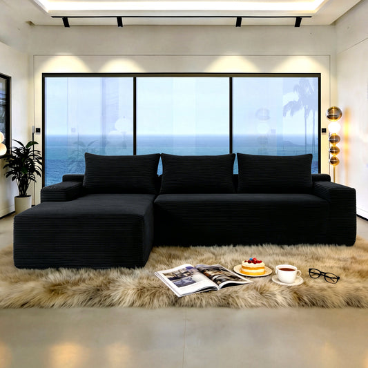 NEW2-96.9" Cloud Sectional Couch with L-Shape Chaise,Modern Modular Sofa with Deep Seat, Upholstered Couches for Living Room Bedroom,No Assembly Required, (Corduroy Fabric),Black