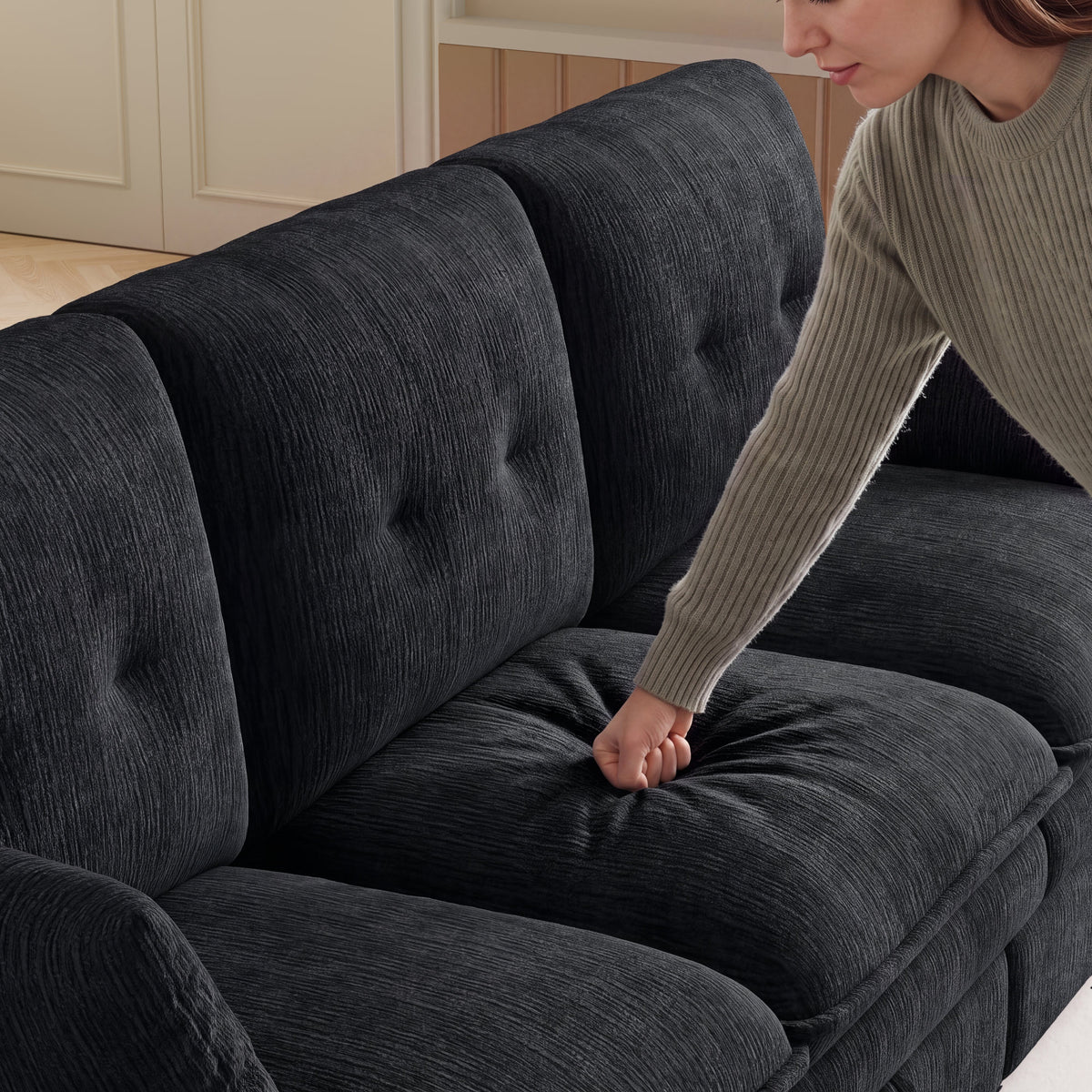 89-inch three-person cloud sofa with storage, armrests featuring hidden tabletop and USB ports, and armrests with storage function. High-quality cashmere three-person sofa. Suitable for living rooms,