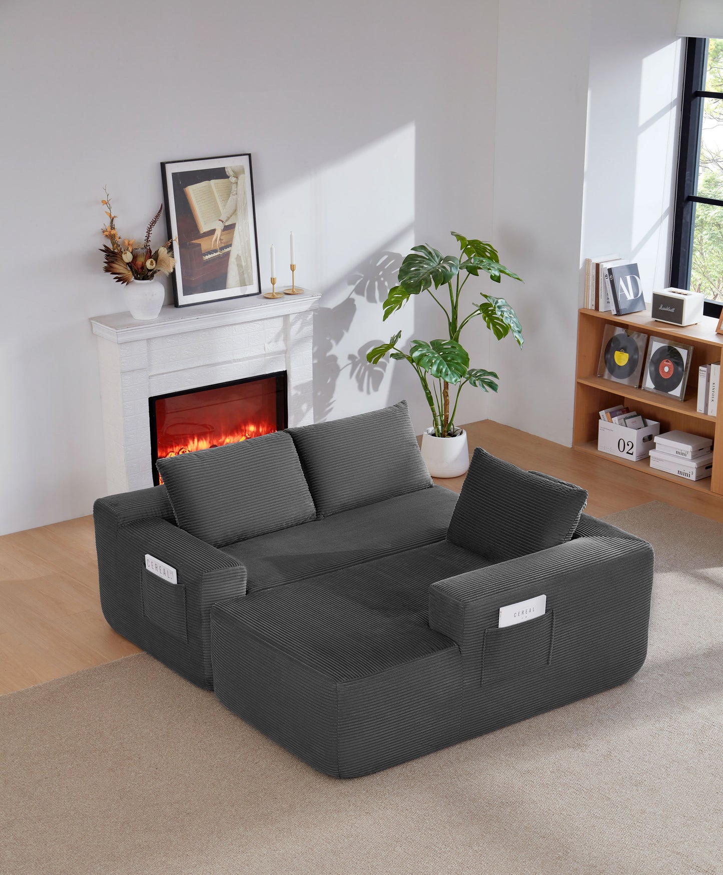 96.9'Compressible doubleCloud Sectional Couch with L-Shape Chaise,Modern Modular Sofa with Deep Seat,Upholstered Couches for Living Room Bedroom,No Assembly Required,(Plush Corduroy Fabric),Grey Right