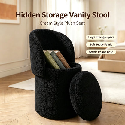 Makeup stool with Storage, Upholstered  Vanity Stool with Foldable Backrest Modern Cylindrical Footrest Stool for Living Room Bedroom,Makeup Room, Dressing,Black
